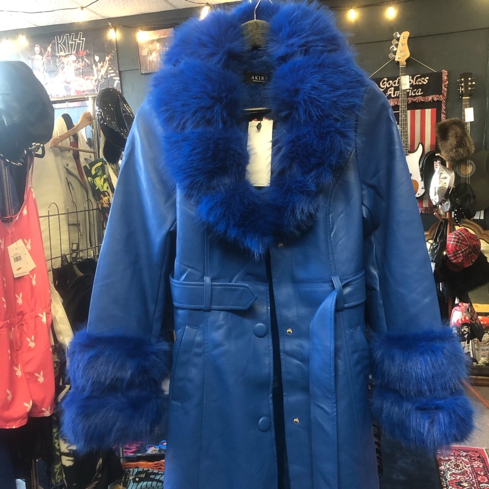 KAYA FUR LINED TRENCH IN BLUE SMALL NWT